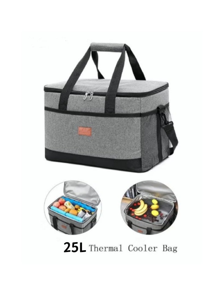 Outdoor 25L Cooler Bag Insulated Handbag Picnic bag Reusable Waterproof Oxford Ice Refrigerated Lightweight Fresh-keeping for Men Women Picnic/BBQ/Beach/Lunch Grey