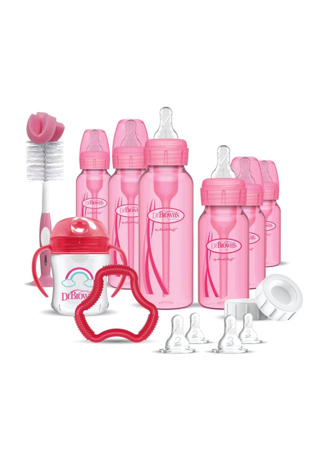 Natural Flow Anti-Colic Options + Special Edition Pink Baby Bottle Gift Set With Soft Sippy Spout Transition Cup, Flexees Teether, Bottle Cleaning Brush And Travel Caps