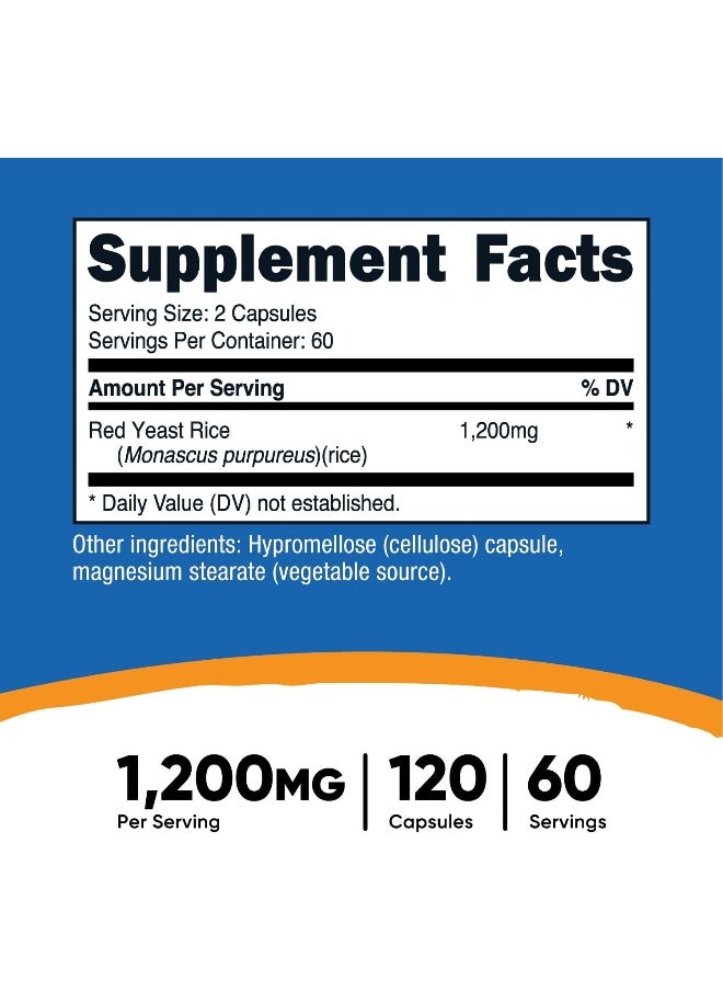 Red Yeast Rice 1200Mg, 120 Capsules - 60 Serv, Veggie Caps, Non-Gmo, Gluten Free