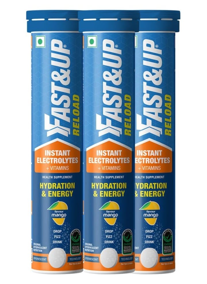 Reload 15 Litres Low Sugar Energy Drink For Instant Hydration- 60 Effervescent Tablets With All 5 Essential Electrolytes - Mango Flavour