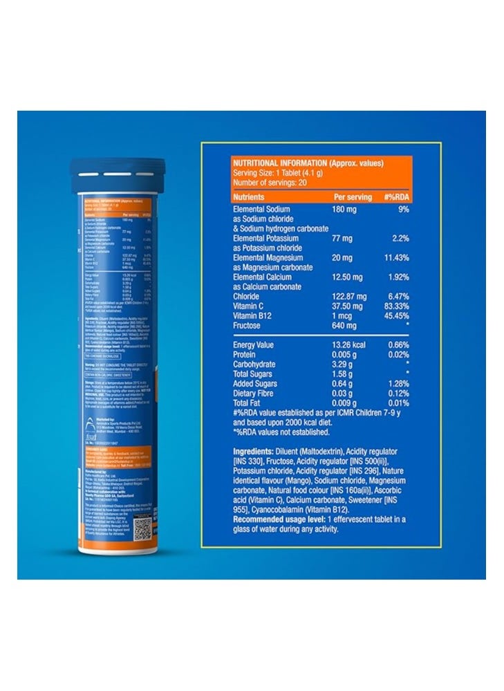 Reload 15 Litres Low Sugar Energy Drink For Instant Hydration- 60 Effervescent Tablets With All 5 Essential Electrolytes - Mango Flavour