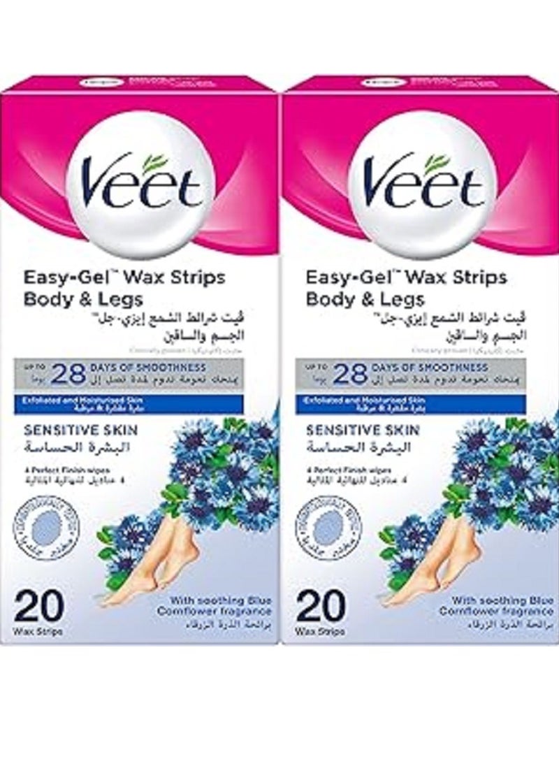 Veet Hair Removal Easy-Gel Wax Strips Body & Legs for Sensitive Skin, Soothing Almond Oil and Cornflower Scent – 20 Wax Strips Twin Pack