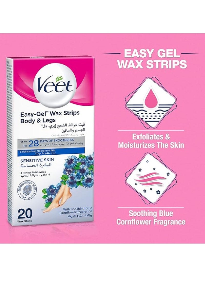 Veet Hair Removal Easy-Gel Wax Strips Body & Legs for Sensitive Skin, Soothing Almond Oil and Cornflower Scent – 20 Wax Strips Twin Pack