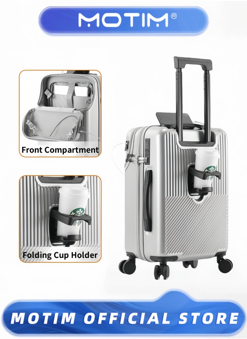 Travel Luggage Carry-On Luggage With Front Open Laptop Compartment Pocket and USB Port Aluminum Framed Suitcase With Spinner Wheels Large Capacity Checked-in Luggage