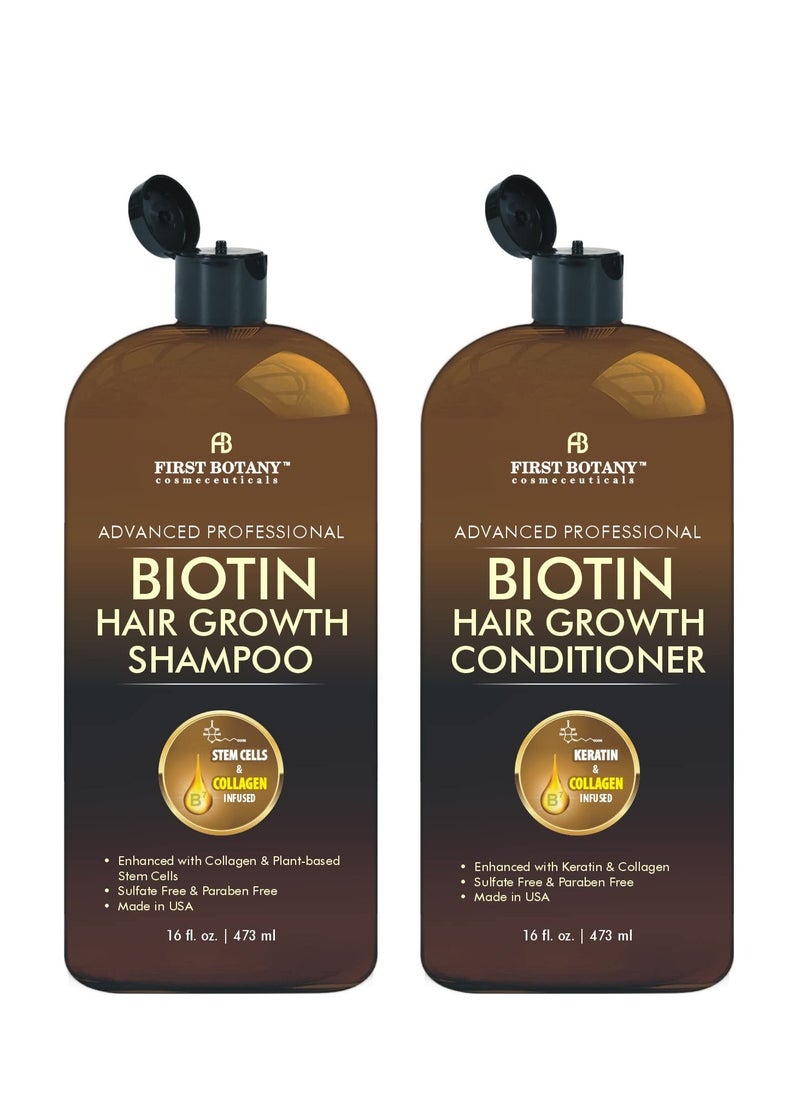 First Botany, Biotin Hair Growth Shampoo Conditioner Anti Hair Loss Thickening formula Collagen & Stem Cell For Hair Regrowth Anti Thinning Sulfate Free For Men Women Anti Dandruff Treatment 16 oz x2