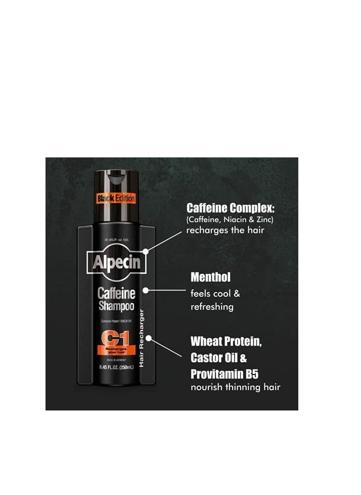 Alpecin Caffeine Shampoo C1 Black Edition, Men's Natural Hair Growth Shampoo for Thinning Hair with Niacin, Menthol, and Castor Oil, 8.45 fl. oz., Pack of 3