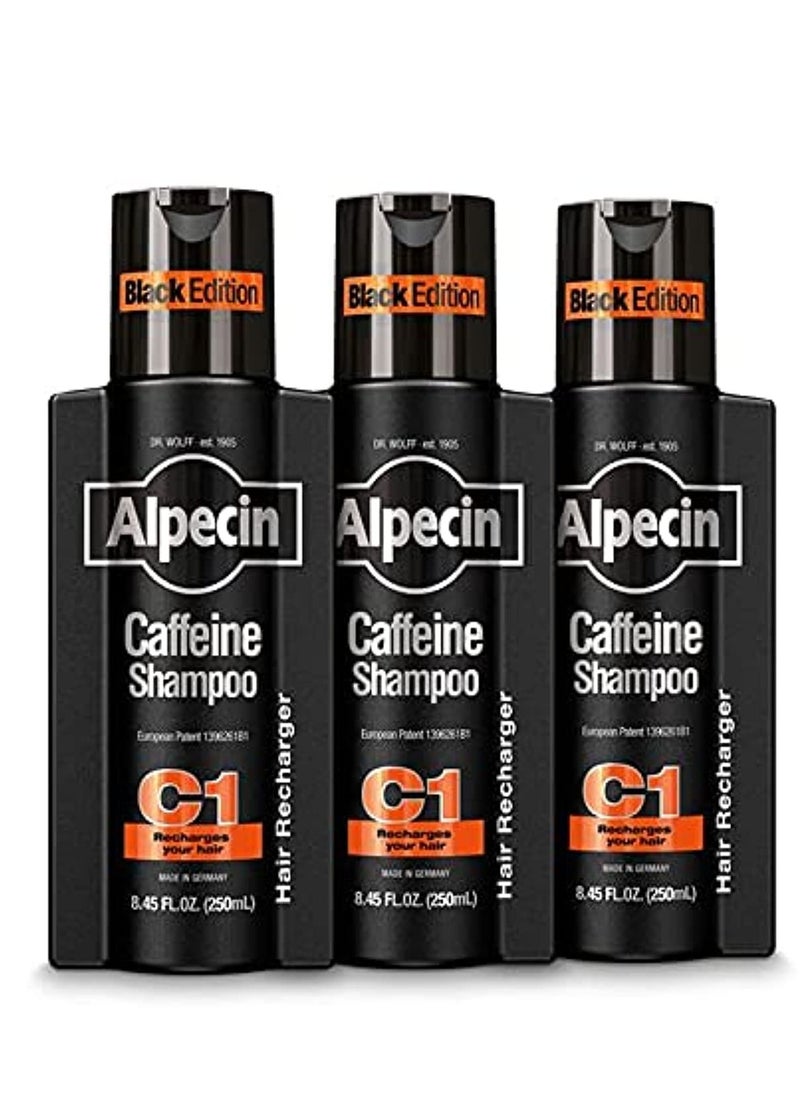 Alpecin Caffeine Shampoo C1 Black Edition, Men's Natural Hair Growth Shampoo for Thinning Hair with Niacin, Menthol, and Castor Oil, 8.45 fl. oz., Pack of 3