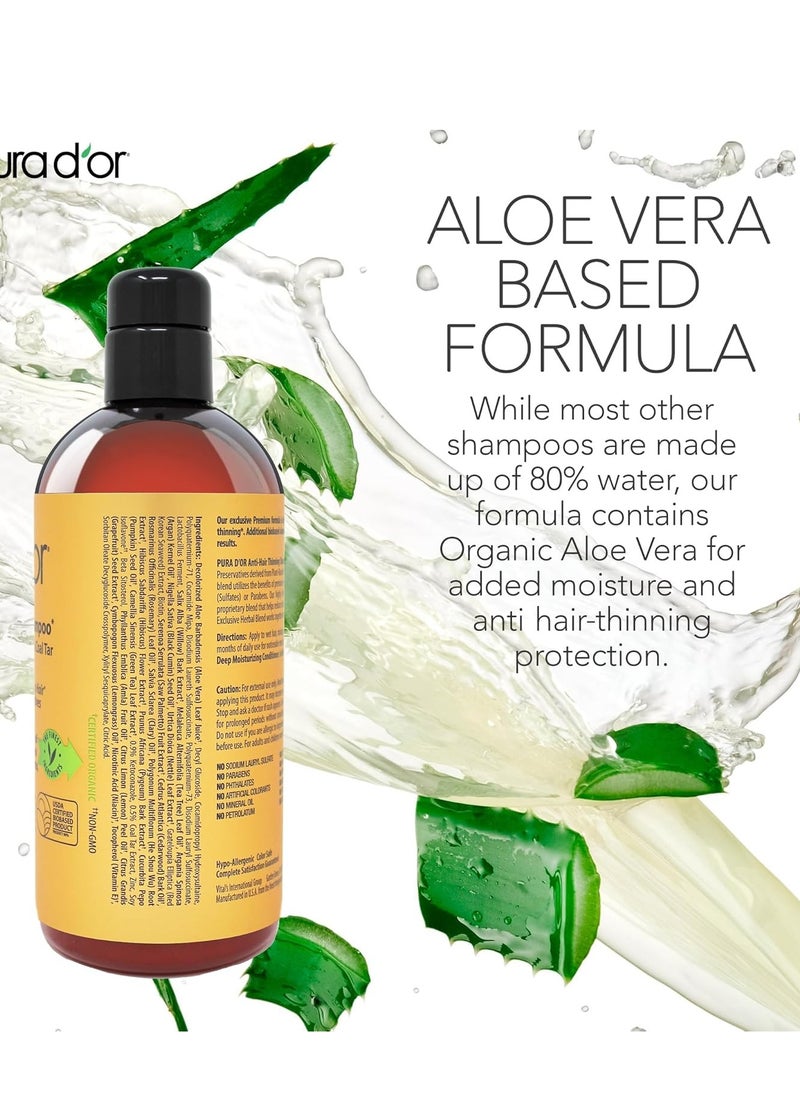 PURA D'OR 16 Oz MD Anti-Hair Thinning Maximum Defense Shampoo - 0.5% Coal Tar, Biotin, 19+ DHT Herbal Blend For Dry & Itchy Scalp, No Sulfates - For Men & Women