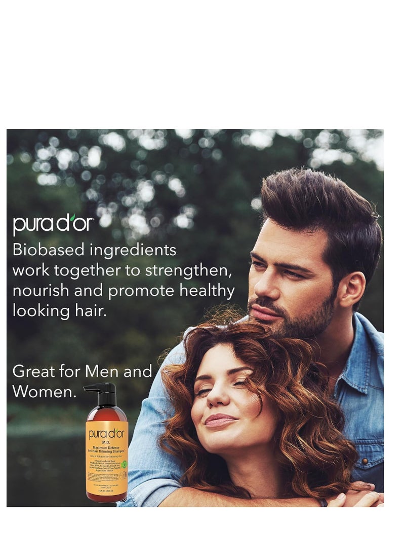 PURA D'OR 16 Oz MD Anti-Hair Thinning Maximum Defense Shampoo - 0.5% Coal Tar, Biotin, 19+ DHT Herbal Blend For Dry & Itchy Scalp, No Sulfates - For Men & Women
