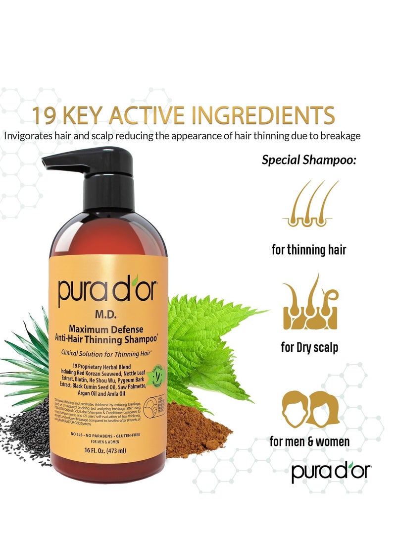PURA D'OR 16 Oz MD Anti-Hair Thinning Maximum Defense Shampoo - 0.5% Coal Tar, Biotin, 19+ DHT Herbal Blend For Dry & Itchy Scalp, No Sulfates - For Men & Women