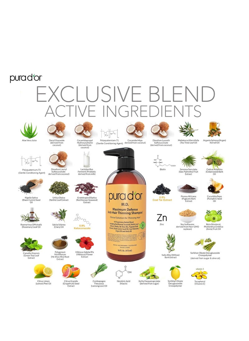 PURA D'OR 16 Oz MD Anti-Hair Thinning Maximum Defense Shampoo - 0.5% Coal Tar, Biotin, 19+ DHT Herbal Blend For Dry & Itchy Scalp, No Sulfates - For Men & Women