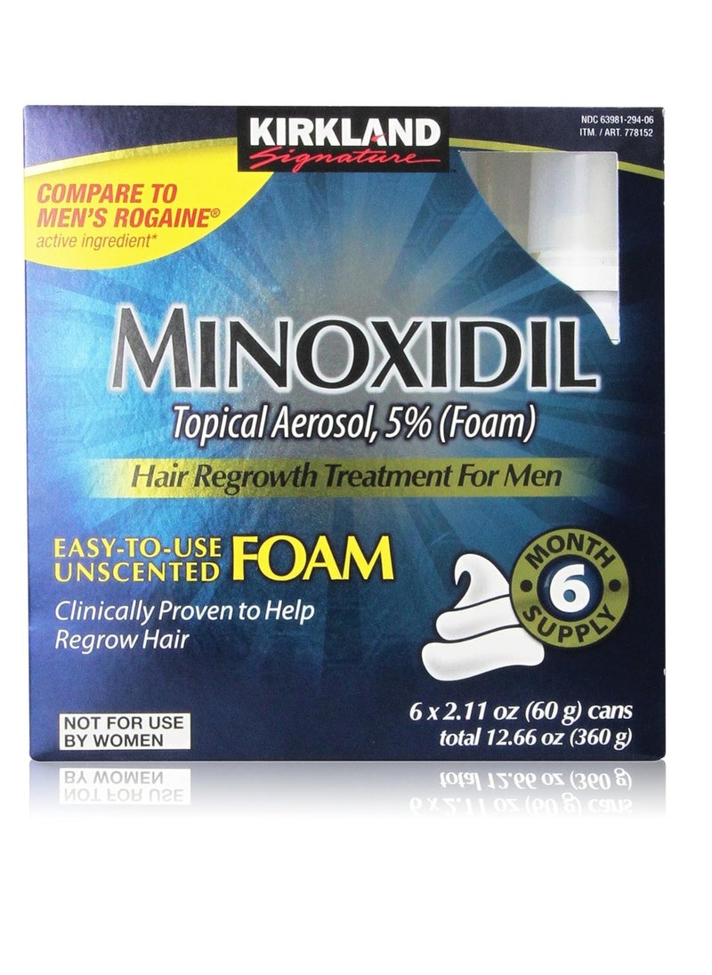 Kirkland Signature Hair Regrowth Treatment Minoxidil Foam for Men, 2.11 oz, 6 Count (6 Month Supply)