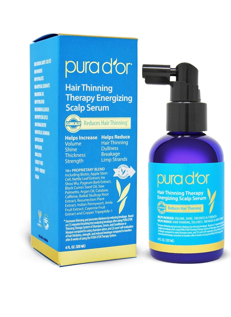 PURA D'OR 4 Oz Hair Thinning Therapy Energizing Scalp Serum Revitalizer - Argan Oil, Biotin, Caffeine, Stem Cell, Catalase & DHT Blockers, All Hair Types, Men & Women