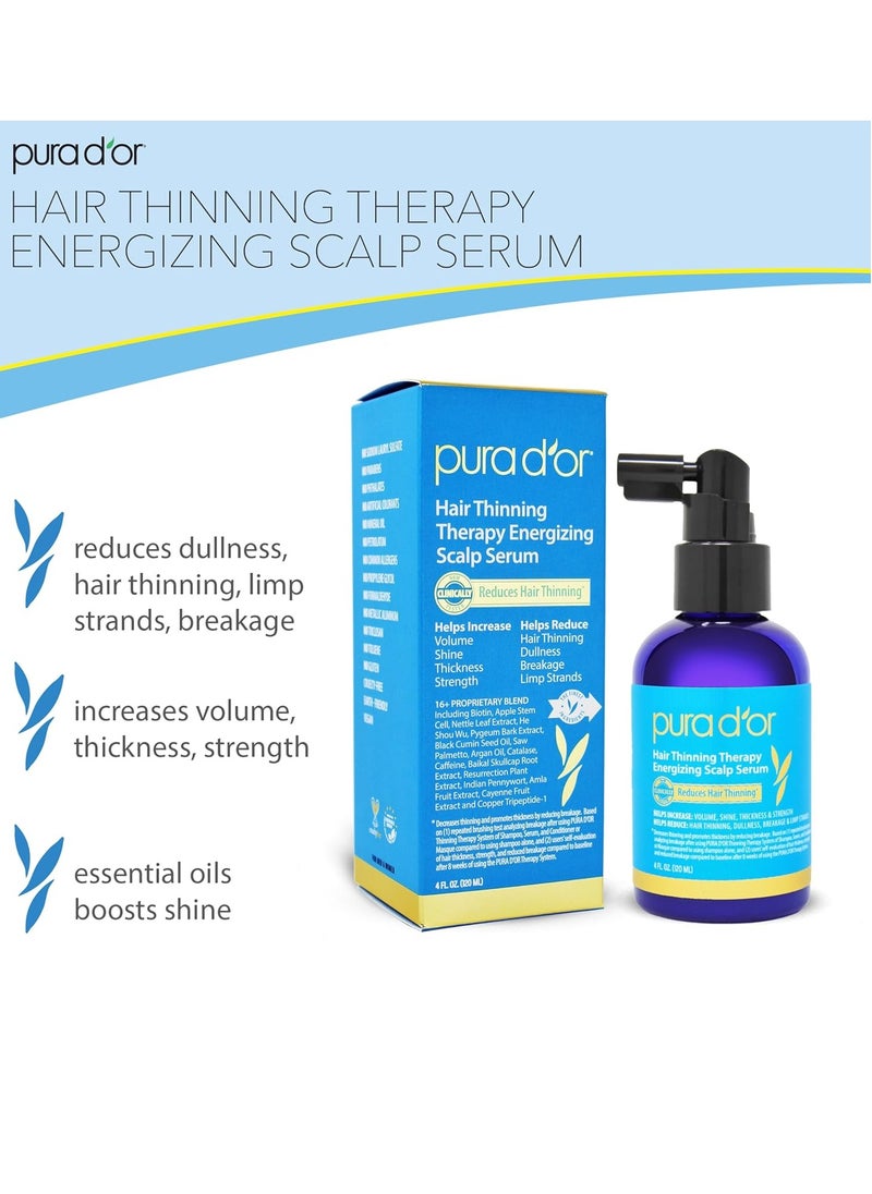 PURA D'OR 4 Oz Hair Thinning Therapy Energizing Scalp Serum Revitalizer - Argan Oil, Biotin, Caffeine, Stem Cell, Catalase & DHT Blockers, All Hair Types, Men & Women