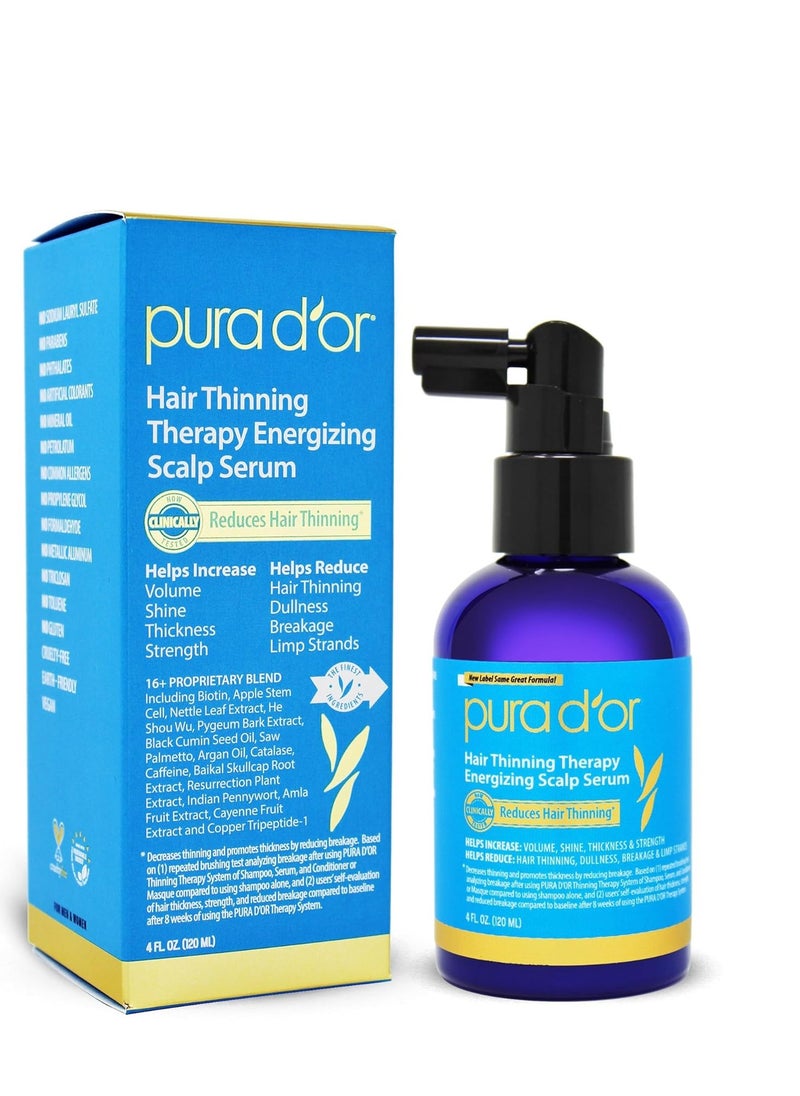 PURA D'OR Anti-Thinning Biotin Shampoo, Clinically Tested DHT Blocker & Scalp Therapy Energizing Scalp Serum Revitalizer (4oz) with Argan Oil, Biotin