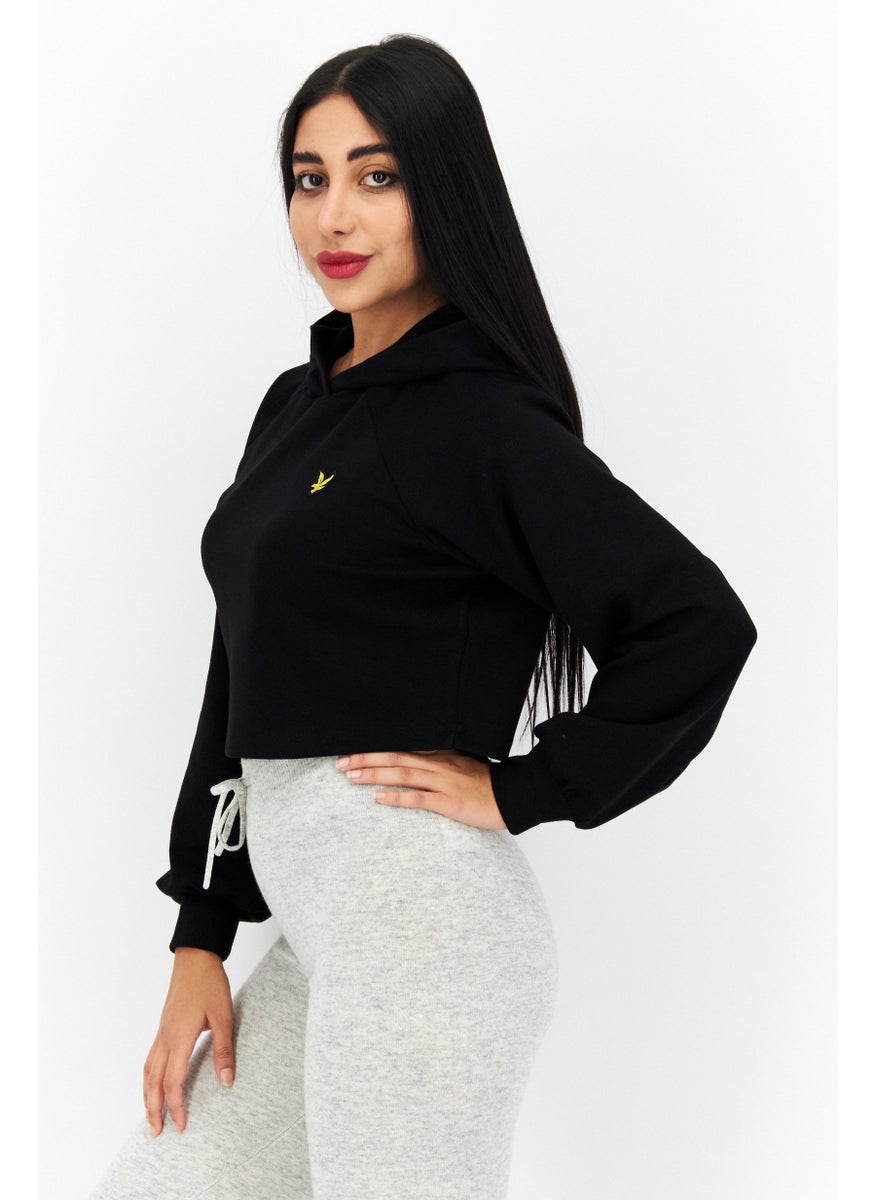 Women Brand Logo Hooded Crop Sweatshirt, Black