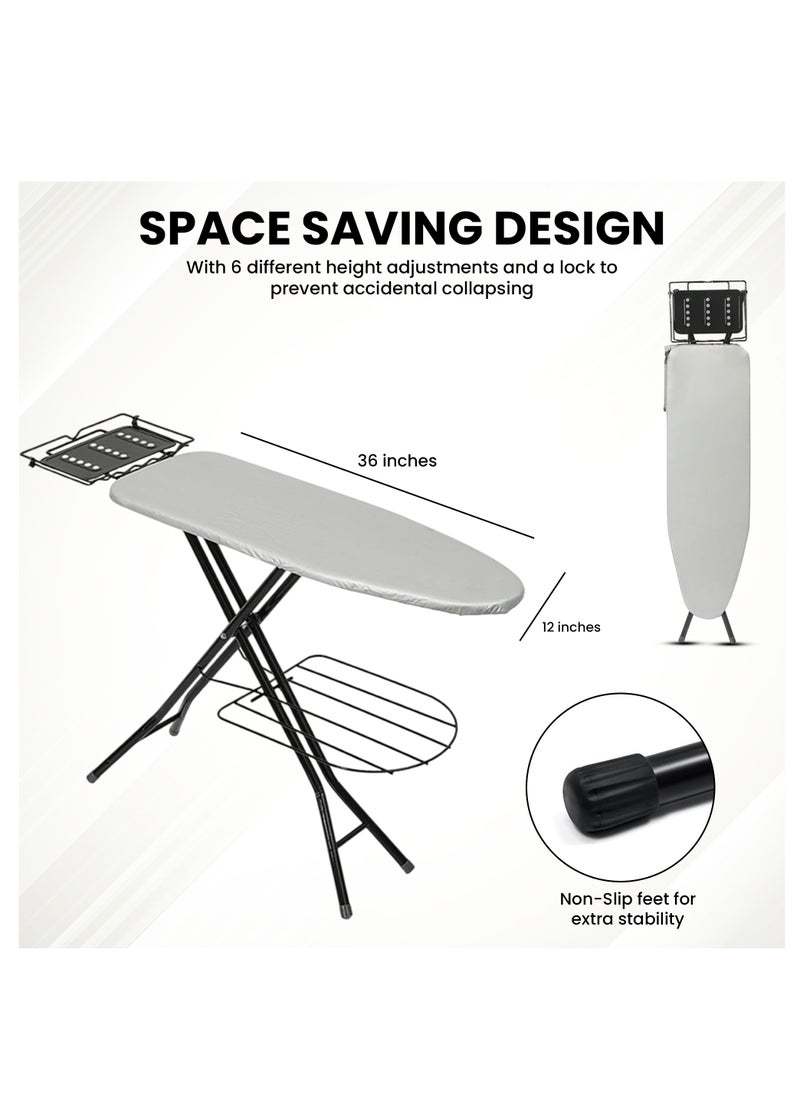 Heavy-Duty Large Ironing Board with Safety Iron Rest, Heat-Resistant Cover, Storage Tray, Adjustable Height, and Foldable Steel Double-Leg Design – Perfect for Home, Laundry Room, (12x36 Inches)