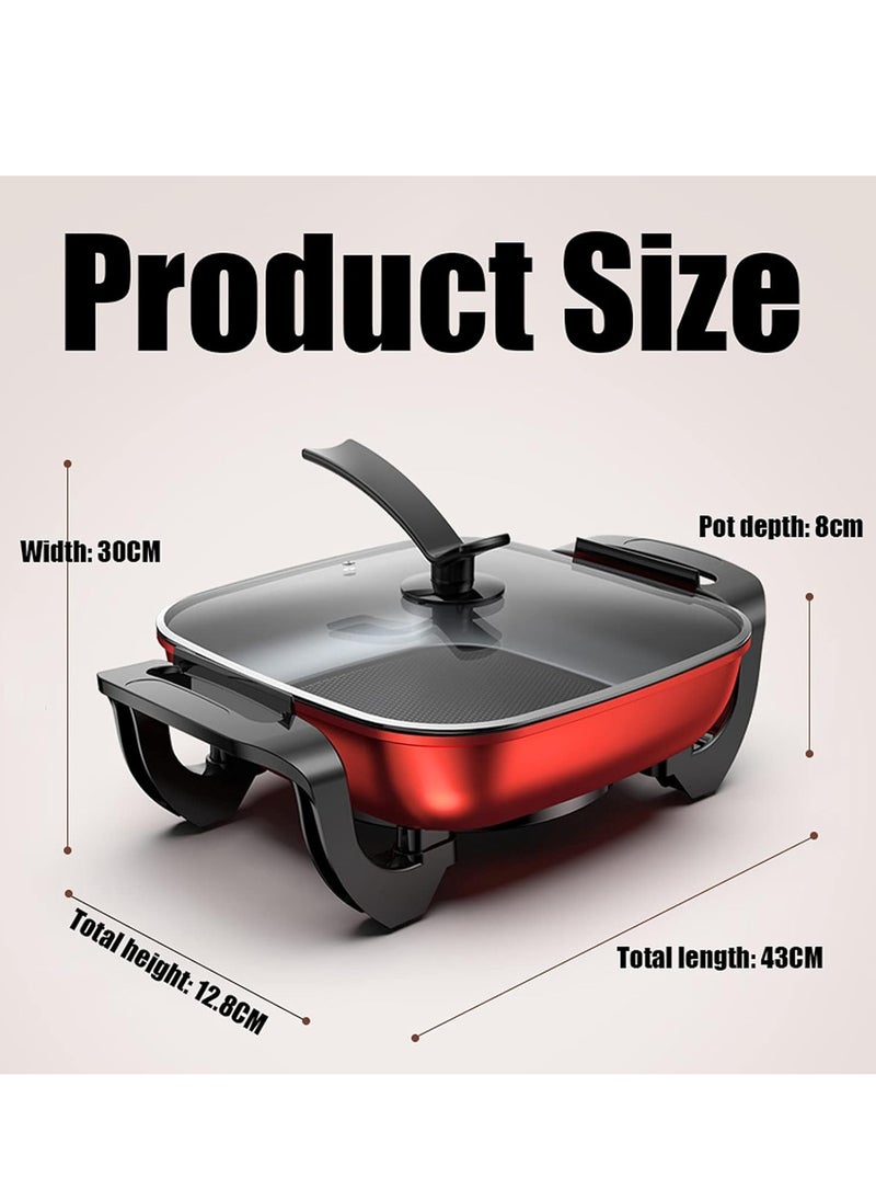 Red Square Electric Hot Pot with Transparent Lid – 30cm Width, 8cm Depth, 12.8cm Height, 43cm Length – Adjustable Temperature Control for Versatile Cooking