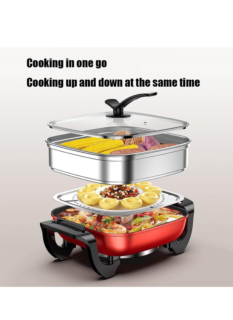 Red Square Electric Hot Pot with Transparent Lid – 30cm Width, 8cm Depth, 12.8cm Height, 43cm Length – Adjustable Temperature Control for Versatile Cooking