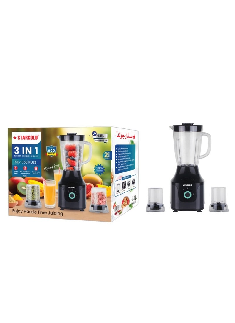 3-in-1 Blender 1.5L Capacity 600W Juicer Grinder & Chopper, Multi-Function Kitchen Appliance