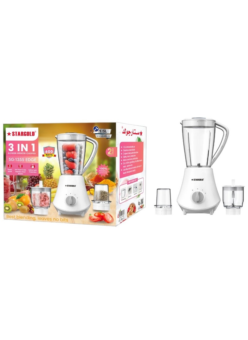 3-in-1 Blender 1.5L Capacity 600W Juicer Grinder, Chopper with Stainless Steel Blades, Safety Lock And Pulse Function