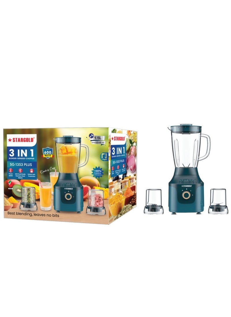 3-in-1 Blender 1.5L Capacity 600W Juicer Grinder & Chopper, Multi-Function Kitchen Appliance