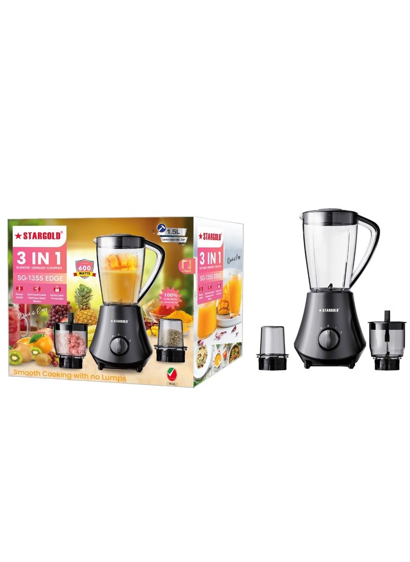 3-in-1 Blender 1.5L Capacity 600W Juicer Grinder, Chopper with Stainless Steel Blades, Safety Lock And Pulse Function