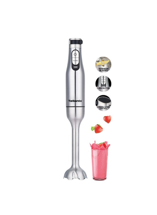 Telionix Hand Blender, 1200W Silent DC Motor, Turbo Function, 6-Speed Control, Stainless Steel Stick & Foot, Ultra Hard Titanium Blades, Ergonomic Grip