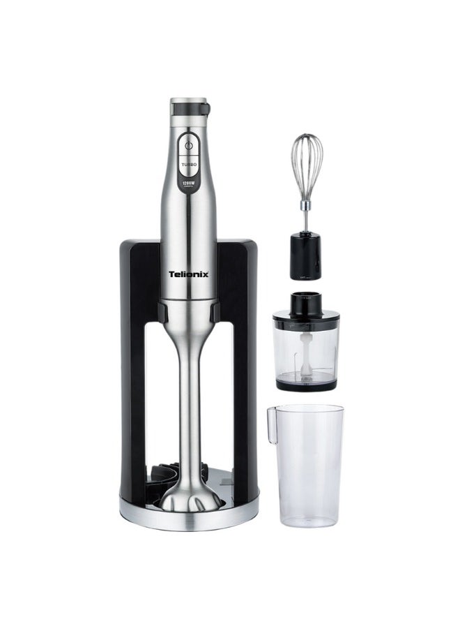 Telionix 4 in 1 Hand Blender, 1200W Silent DC Motor, Turbo Function, 6-Speed Control, Titanium Blades, 500ml Chopper, Whisk & 600ml Jar, Stainless Steel Stick