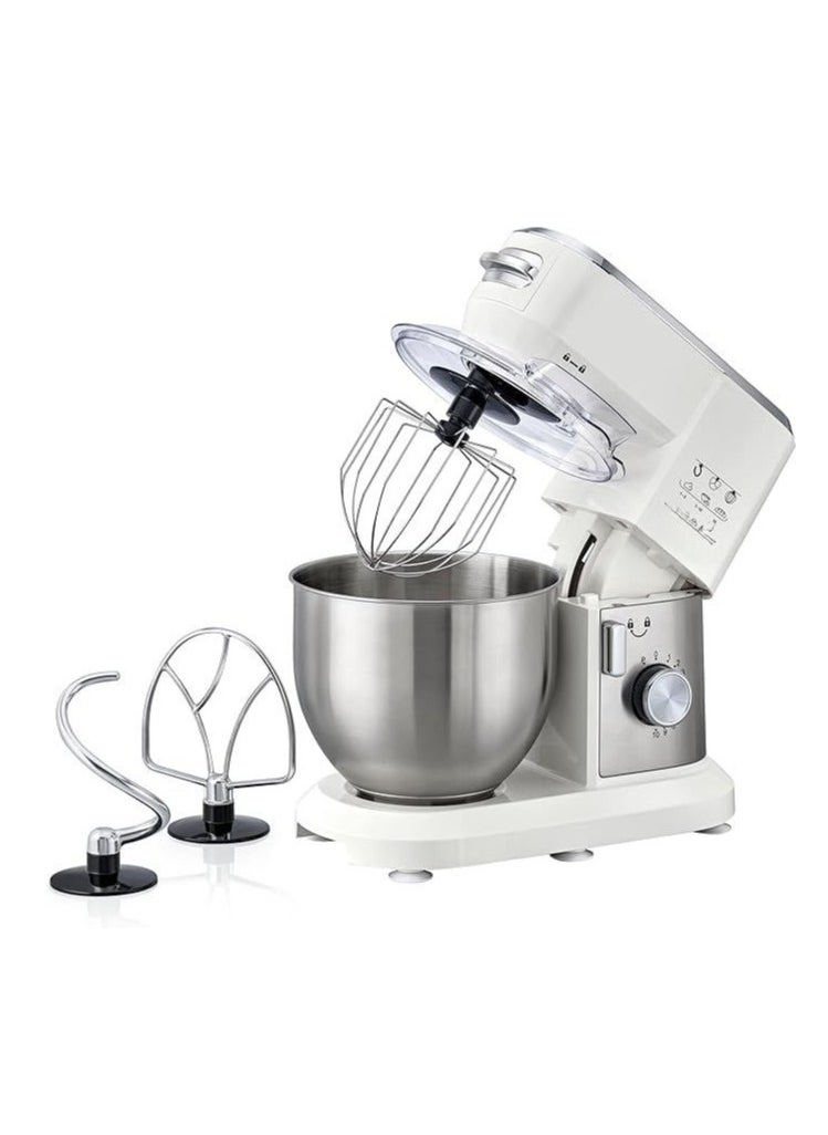 Stand Mixer Kitchen Machine, 1000W, 6L Stainless Steel Bowl, 10 Speeds + Pulse, Planetary Action, with Dough Hook, Beater, Whisk Attachments, Tilt-Head Design - White, MKM100-B