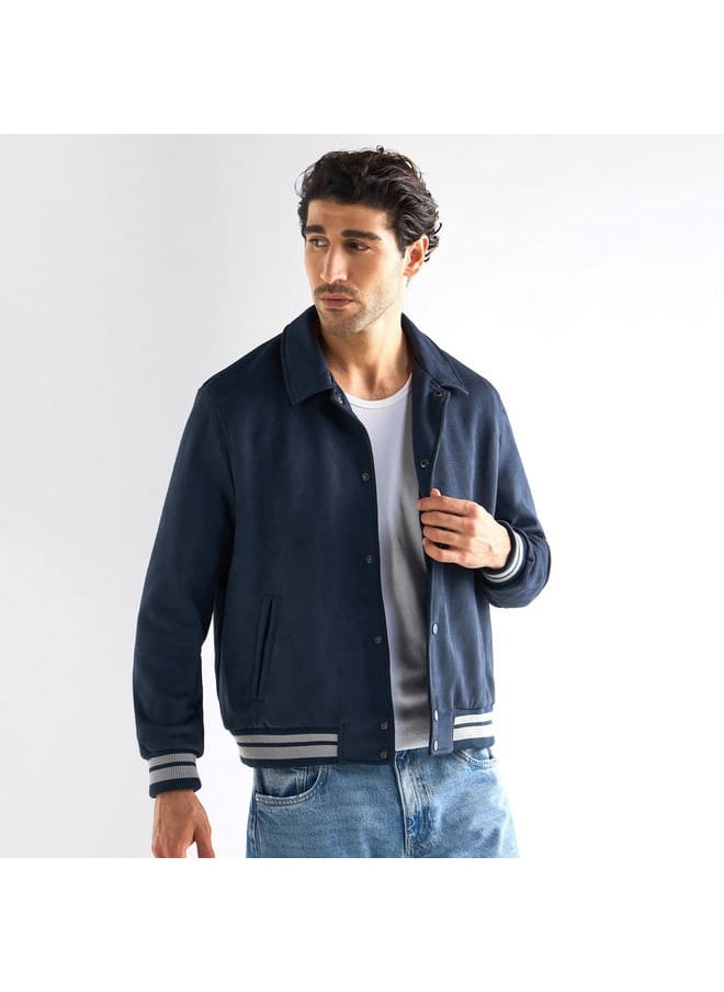 Striped Collared Varsity Jacket with Long Sleeves and Button Closure