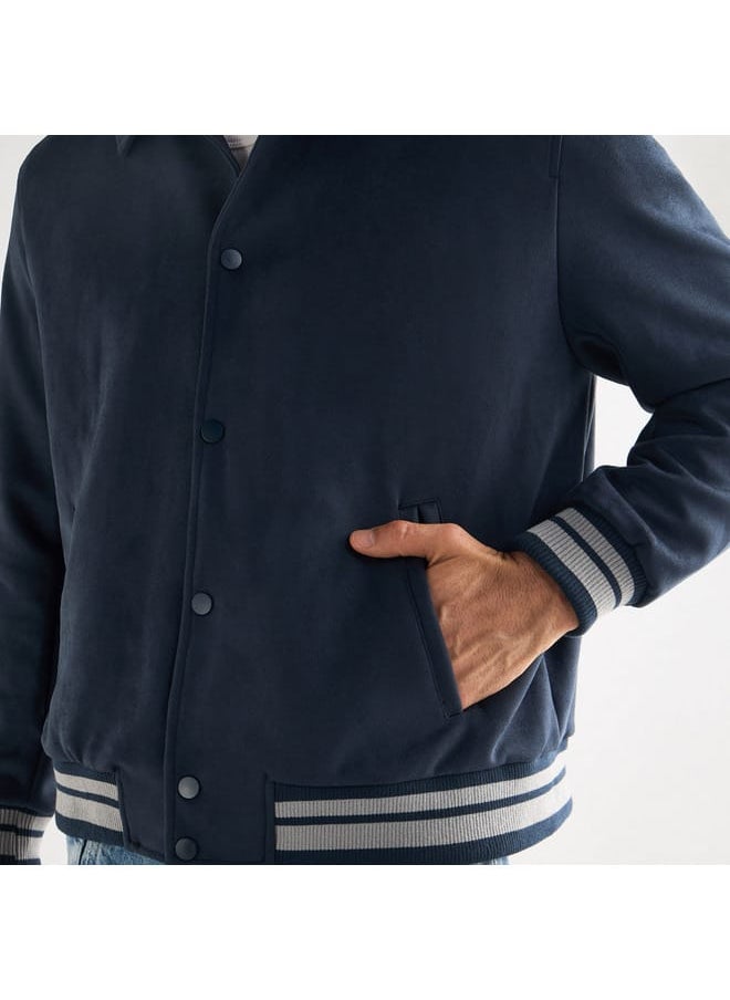 Striped Collared Varsity Jacket with Long Sleeves and Button Closure