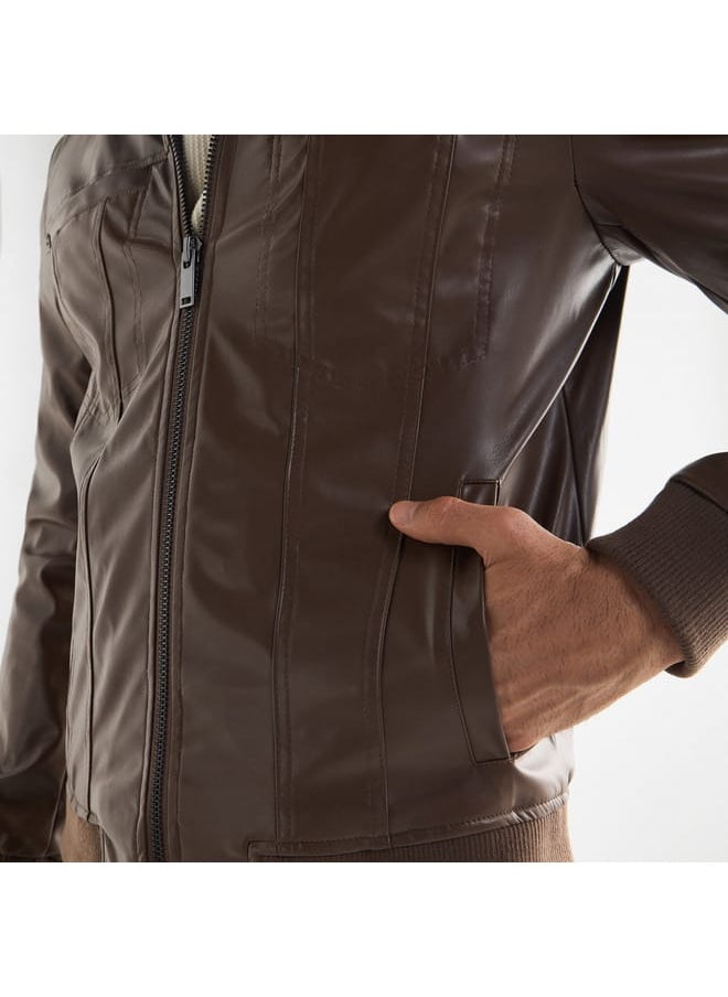 Solid Biker Jacket with Zip Closure and Pockets