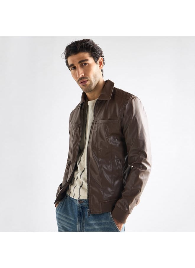 Solid Biker Jacket with Zip Closure and Pockets