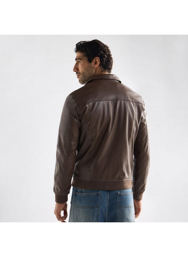 Solid Biker Jacket with Zip Closure and Pockets