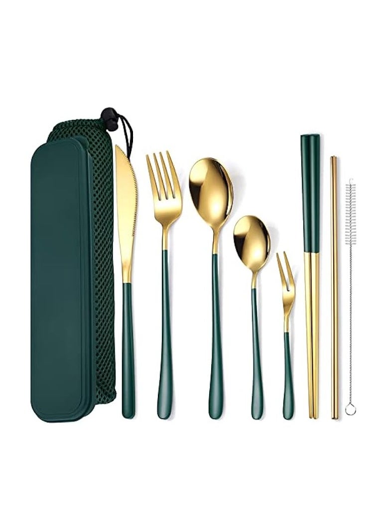 Portable Reusable Cutlery Set, Travel Utensils Set with Case, Stainless Steel Flatware Set Including Knife Fork Spoon Chopsticks Straws Brush, Dishwasher Safe