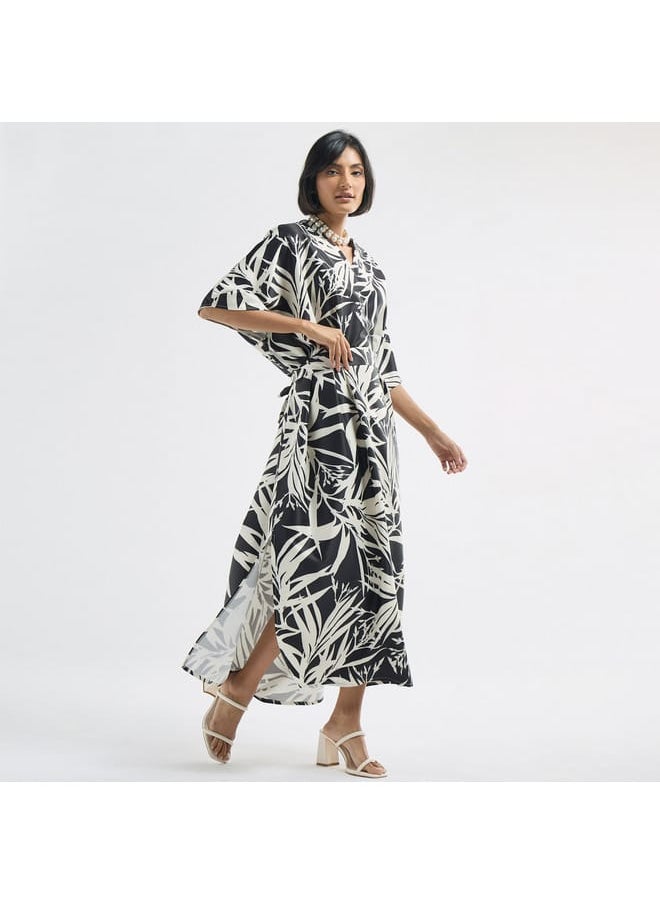 All-Over Tropical Print V-neck Kaftan Dress with Tie-Up Belt and Slit Detail