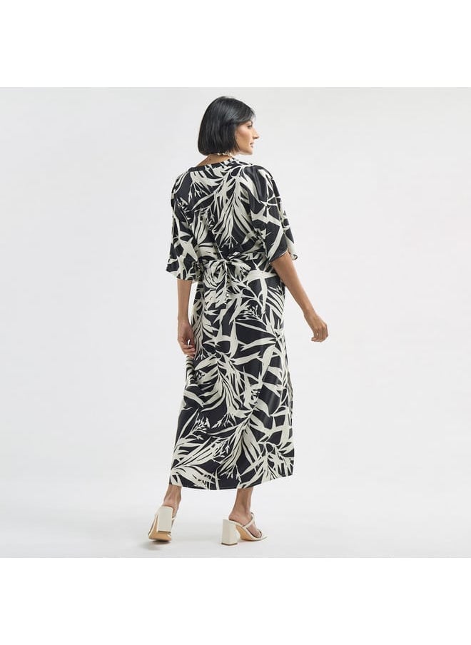 All-Over Tropical Print V-neck Kaftan Dress with Tie-Up Belt and Slit Detail