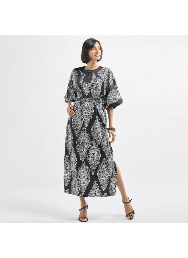 All-Over Print Round Neck Kaftan Dress with Tie-Up Belt and Slit Detail