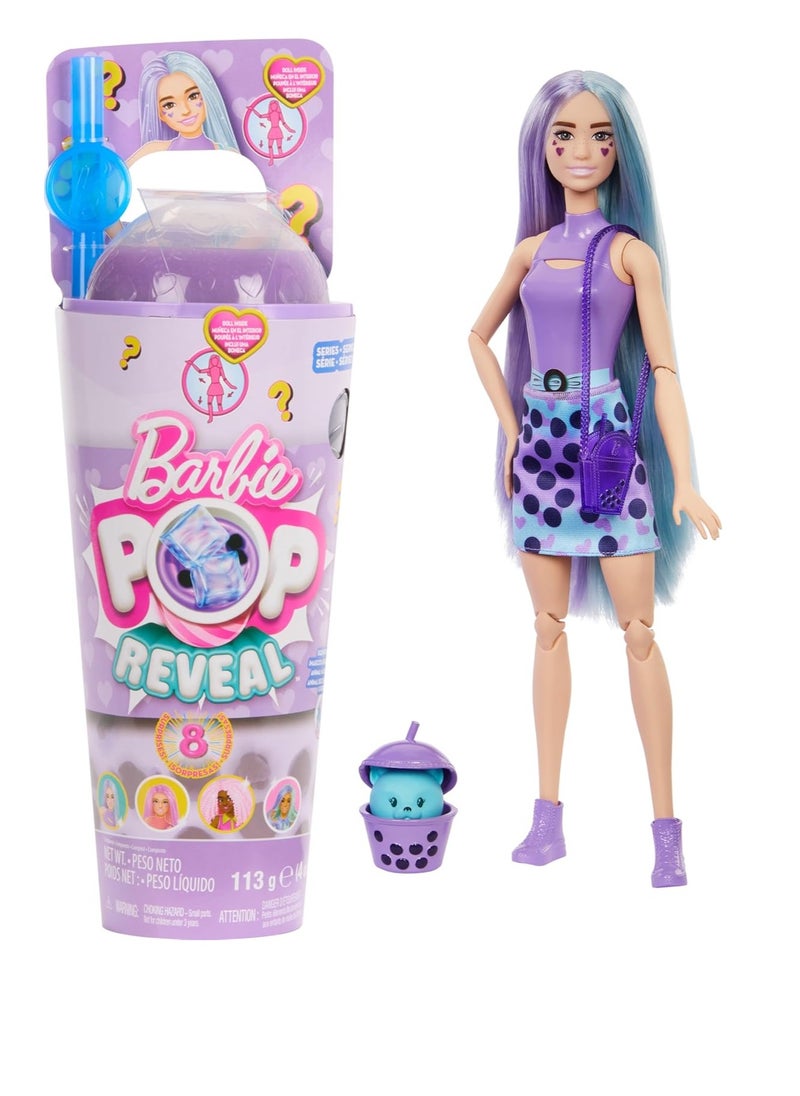 Pop Reveal Bubble Tea Series Fashion Doll Taro Milk Scented with Puppy and 8 Color Changing Surprise Accessories, Kids Toy, 3+ Years