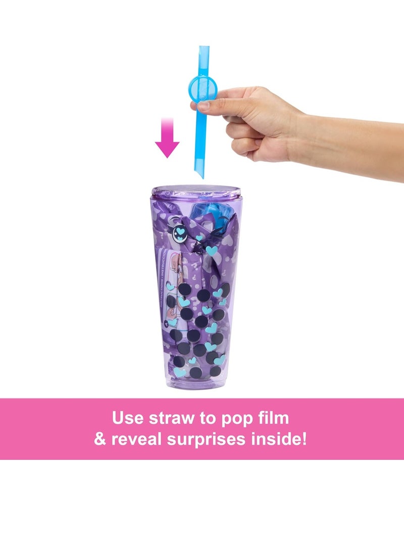 Pop Reveal Bubble Tea Series Fashion Doll Taro Milk Scented with Puppy and 8 Color Changing Surprise Accessories, Kids Toy, 3+ Years