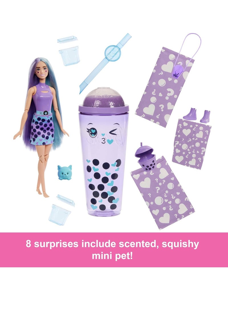 Pop Reveal Bubble Tea Series Fashion Doll Taro Milk Scented with Puppy and 8 Color Changing Surprise Accessories, Kids Toy, 3+ Years