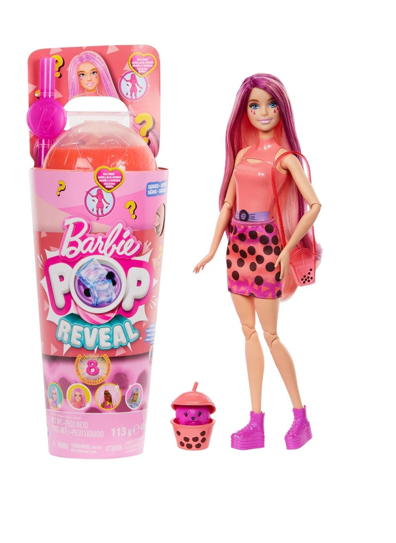 Pop Reveal Pink Wick Blonde Doll with Tumbler Wizard Mochi Bubble Tea with Ice Cubes Reveal Clothes, Pets and Surprise Accessories, Toy +3 Years Old