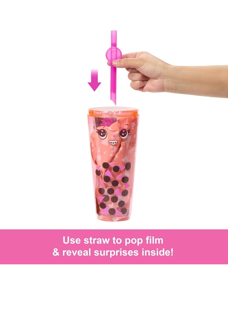 Pop Reveal Pink Wick Blonde Doll with Tumbler Wizard Mochi Bubble Tea with Ice Cubes Reveal Clothes, Pets and Surprise Accessories, Toy +3 Years Old