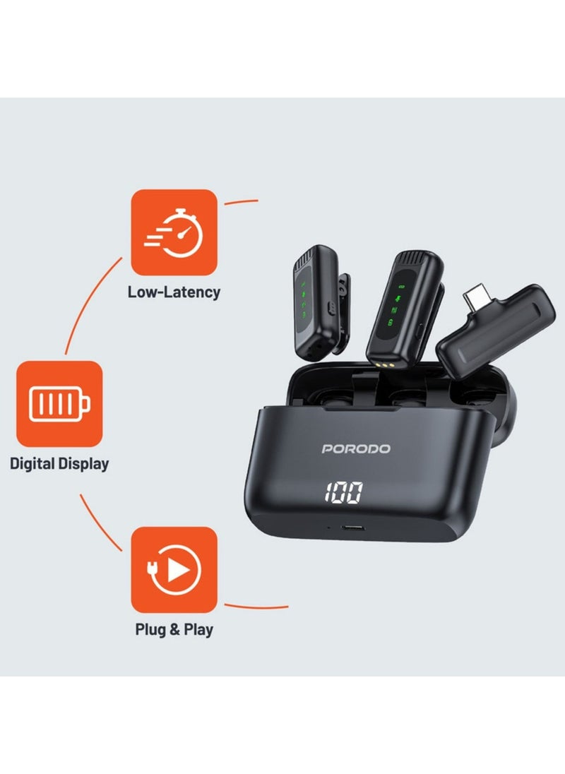 Lavalier Double Microphone with Charging Case, 4 Hours Working Time, 1 Hour Microphones Recharge Time, 300mAh Case Battery Capacity - Black