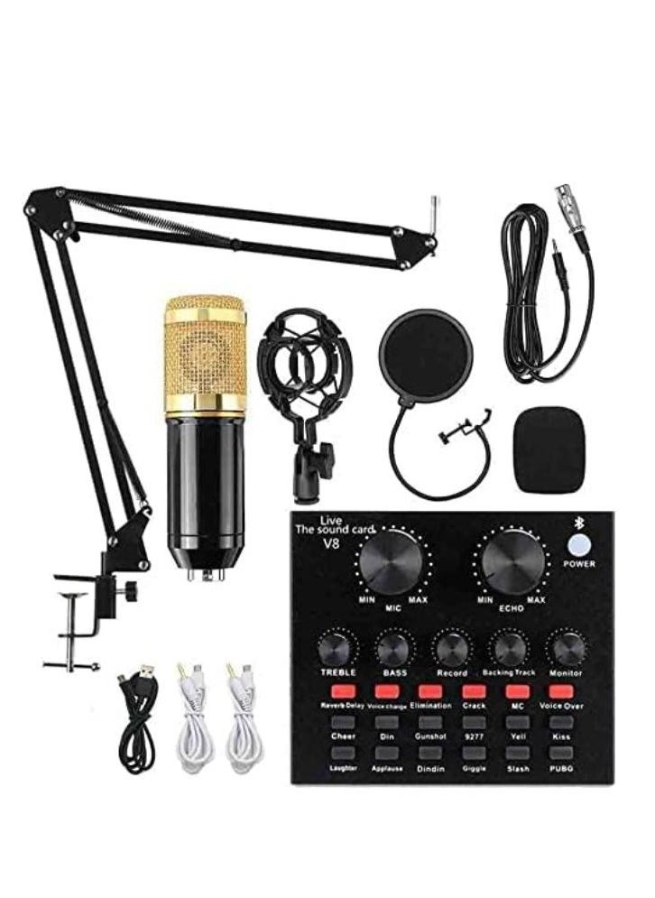 BM800 Condenser Microphone Mic Set with V8 Audio Mixer Sound Card Microphone Stand and Double Layer Pop Filter for Live Streaming Gaming Voice Recording Singing Smule Star Maker