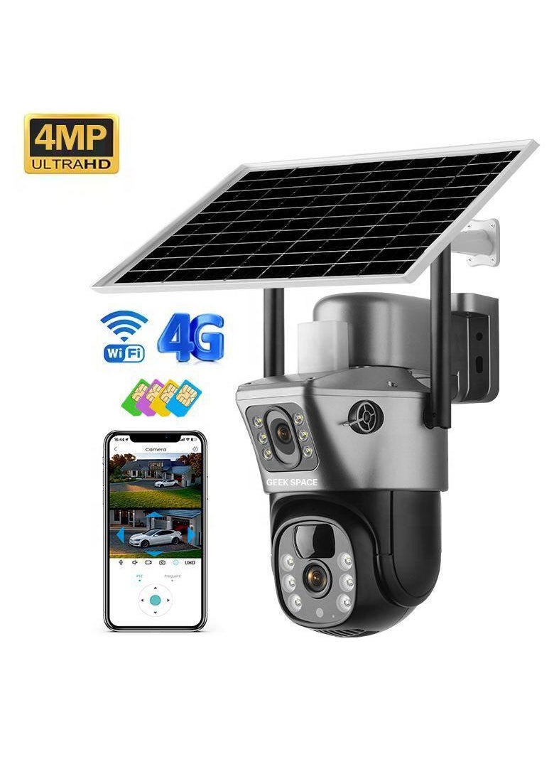 Dual Lens Alarm Linkage 4MP Solar Cell Powered Wifi PTZ Camera Outdoor Wireless Closed-Circuit Television 4G SIM Card Solar Camera Security Camera Home Monitoring Camera Commercial Monitoring Camera CCTV Camera HS01 4G