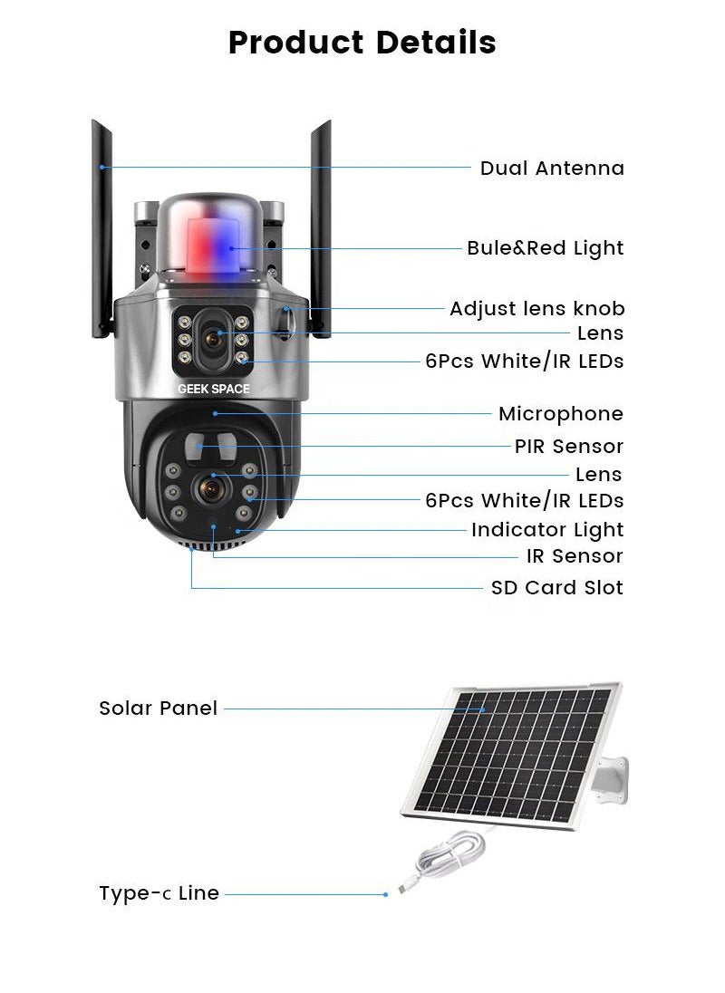 Dual Lens Alarm Linkage 4MP Solar Cell Powered Wifi PTZ Camera Outdoor Wireless Closed-Circuit Television 4G SIM Card Solar Camera Security Camera Home Monitoring Camera Commercial Monitoring Camera CCTV Camera HS01 4G