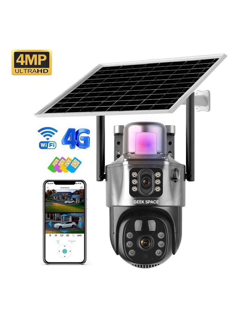 Dual Lens Alarm Linkage 4MP Solar Cell Powered Wifi PTZ Camera Outdoor Wireless Closed-Circuit Television 4G SIM Card Solar Camera Security Camera Home Monitoring Camera Commercial Monitoring Camera CCTV Camera HS01 4G