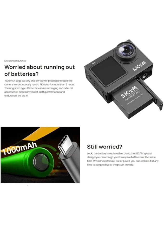 SJCAM SJ6 PRO Dual Screen Action Camera | 4K60fps/24MP | 6axis gyro | 165° Ultra Wide | 9:16 Vertical Screen | 8X Zoom | Time-Lapse, Slow Video, Car Mode, Interval Shooting | Black